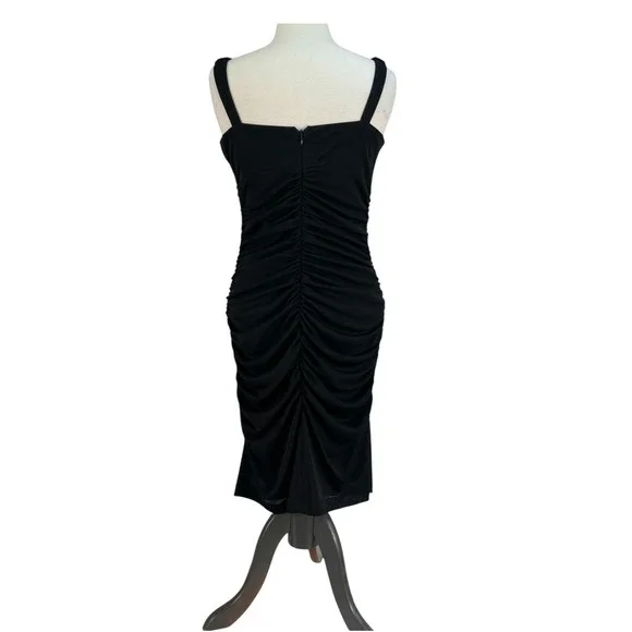 David Meister Black Ruched Cocktail Dress Size 10 Asymmetrical Neckline LBD - Picture 2 of 12